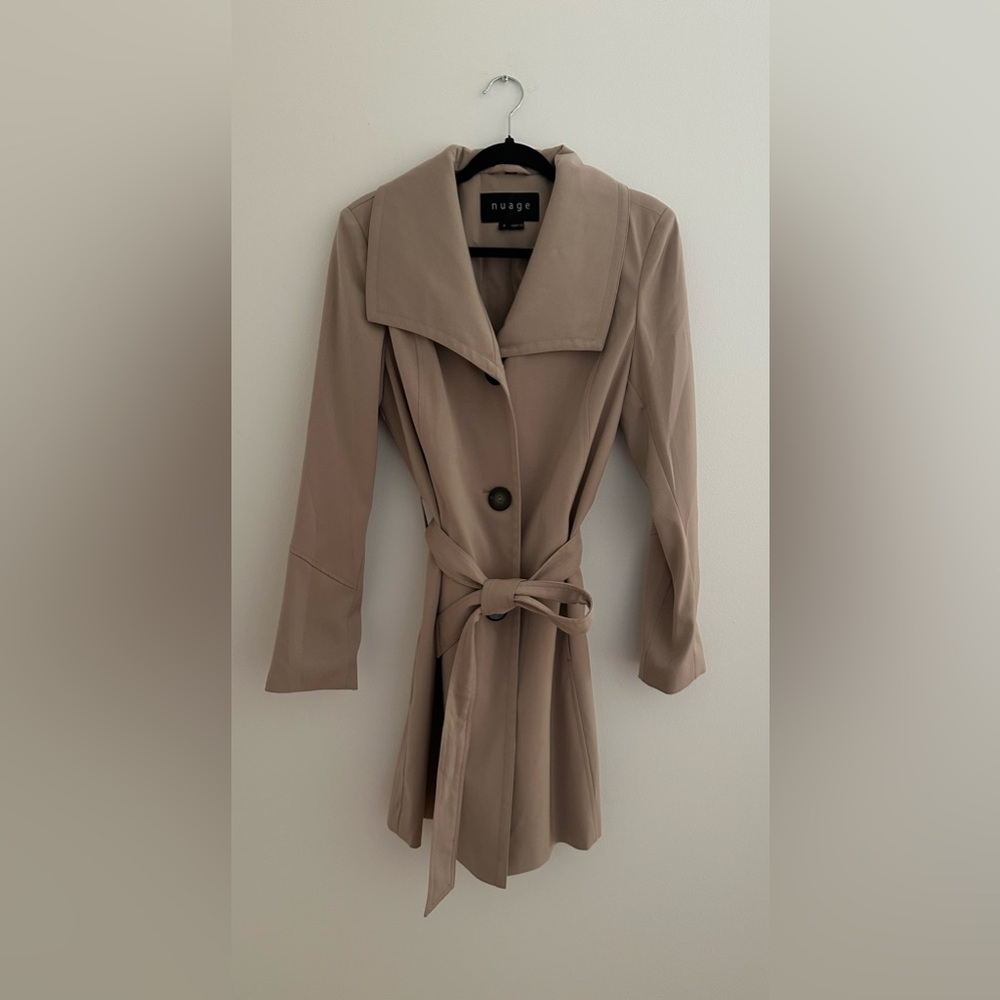 Nuage Women Size 8 Trench Overcoat Button Front Belted Beige Taupe With Pockets
